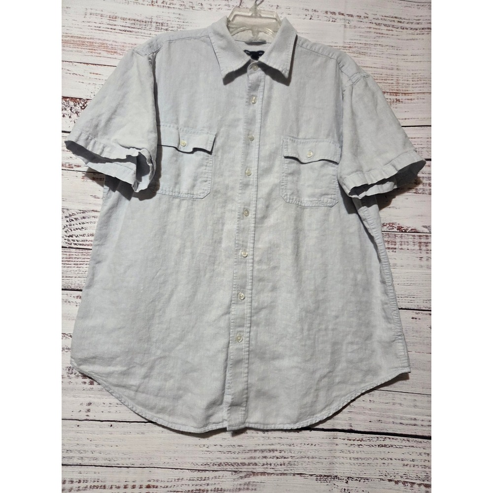 Gap Mens XL Light Blue Linen Cotton Blend Short Sleeve Button Down Shirt Pockets